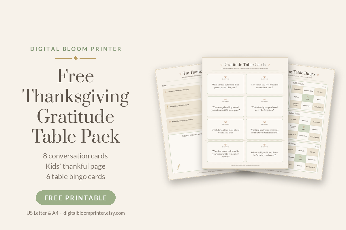 Preview of the free Thanksgiving Gratitude Table Pack: gratitude conversation cards, a kids' I'm Thankful For page, and table bingo cards in sage and beige